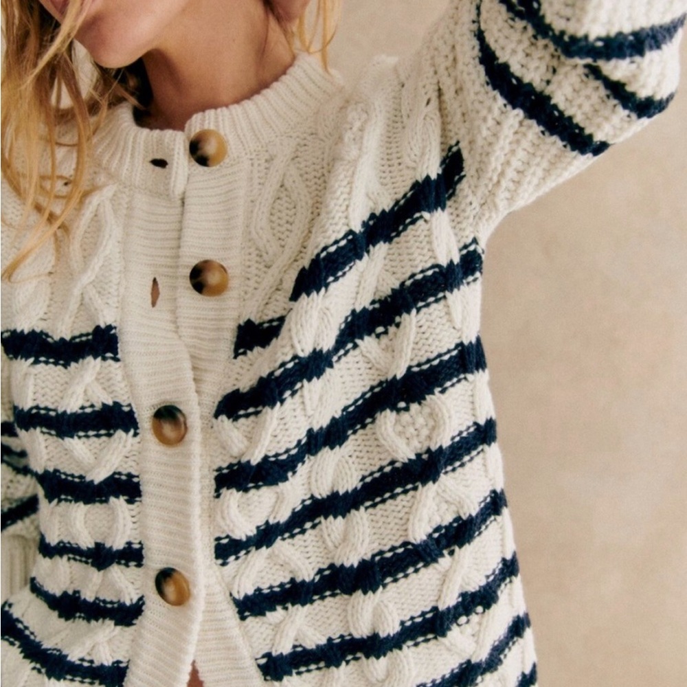 Sezane Sean Cardigan Ecru / Navy - Size XL - Picture 4 of 7